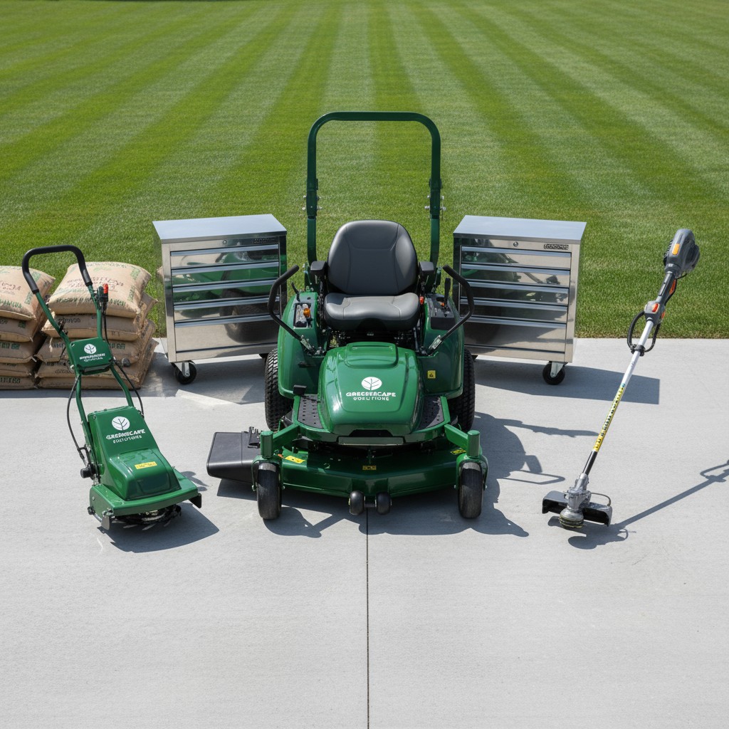 A collection of green lawn care equipment includes a lawn mower, trimmer and edger on a cement pathway, with a green lawn ...