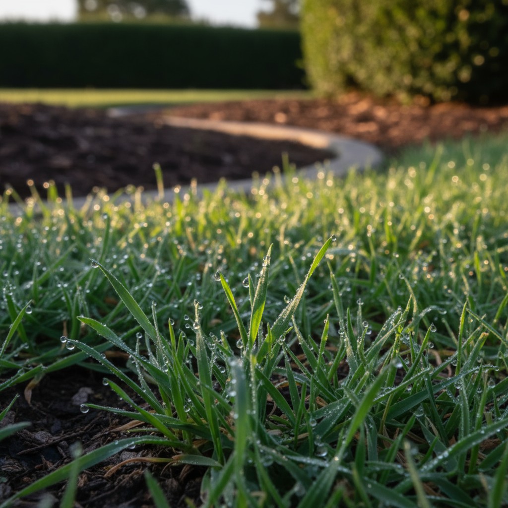 Water droplets on top of blades of grass, and some landscaping.