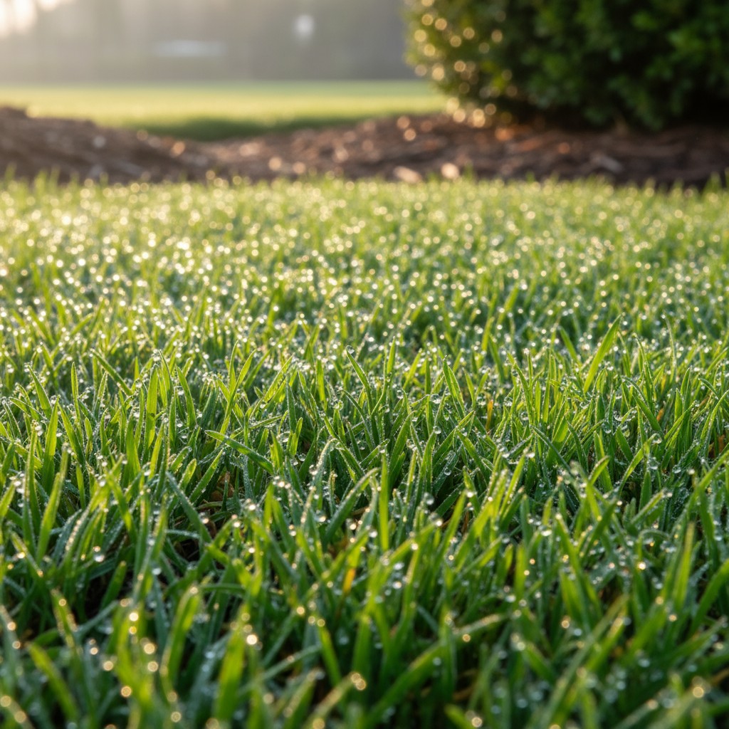 green dew covered grass on a lawn with blurred background.