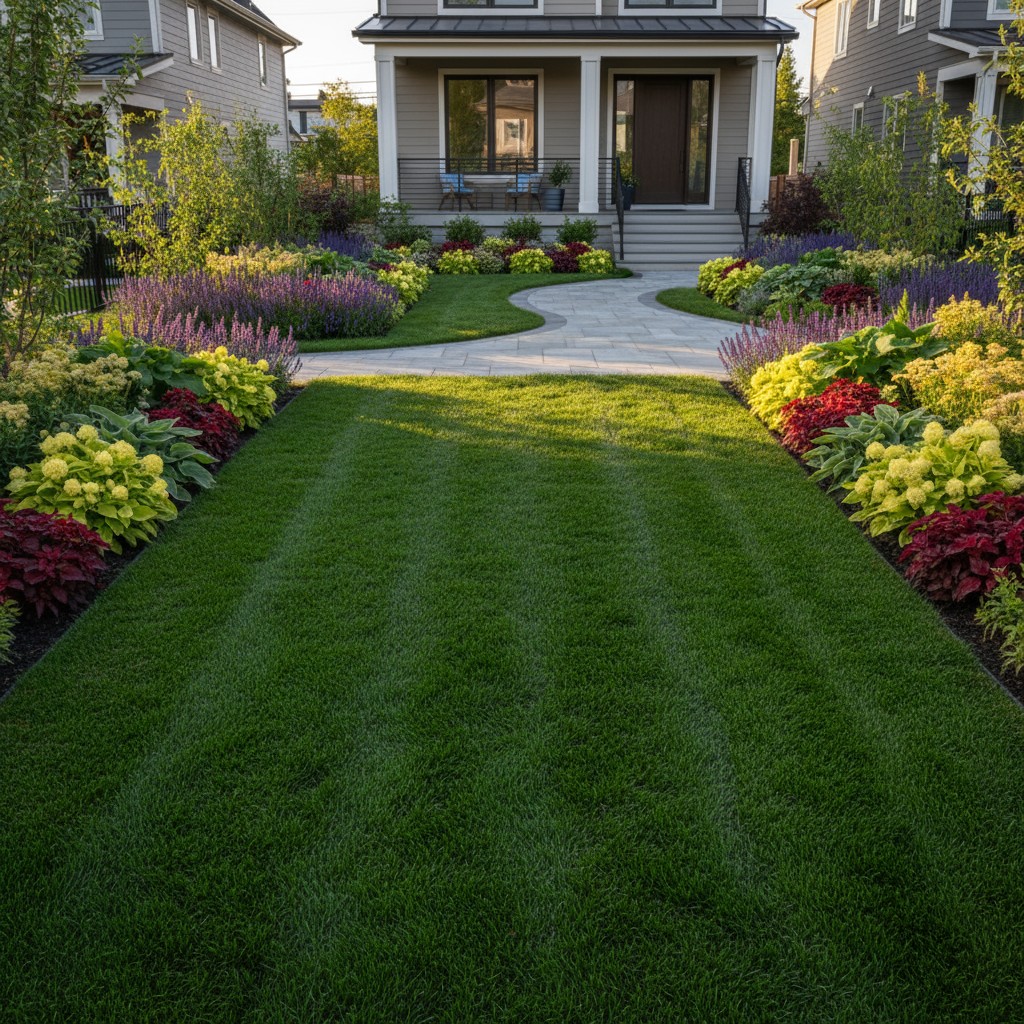 A landscaped yard with a green lawn, vibrant plants, and a stone path leading to a house with a porch.