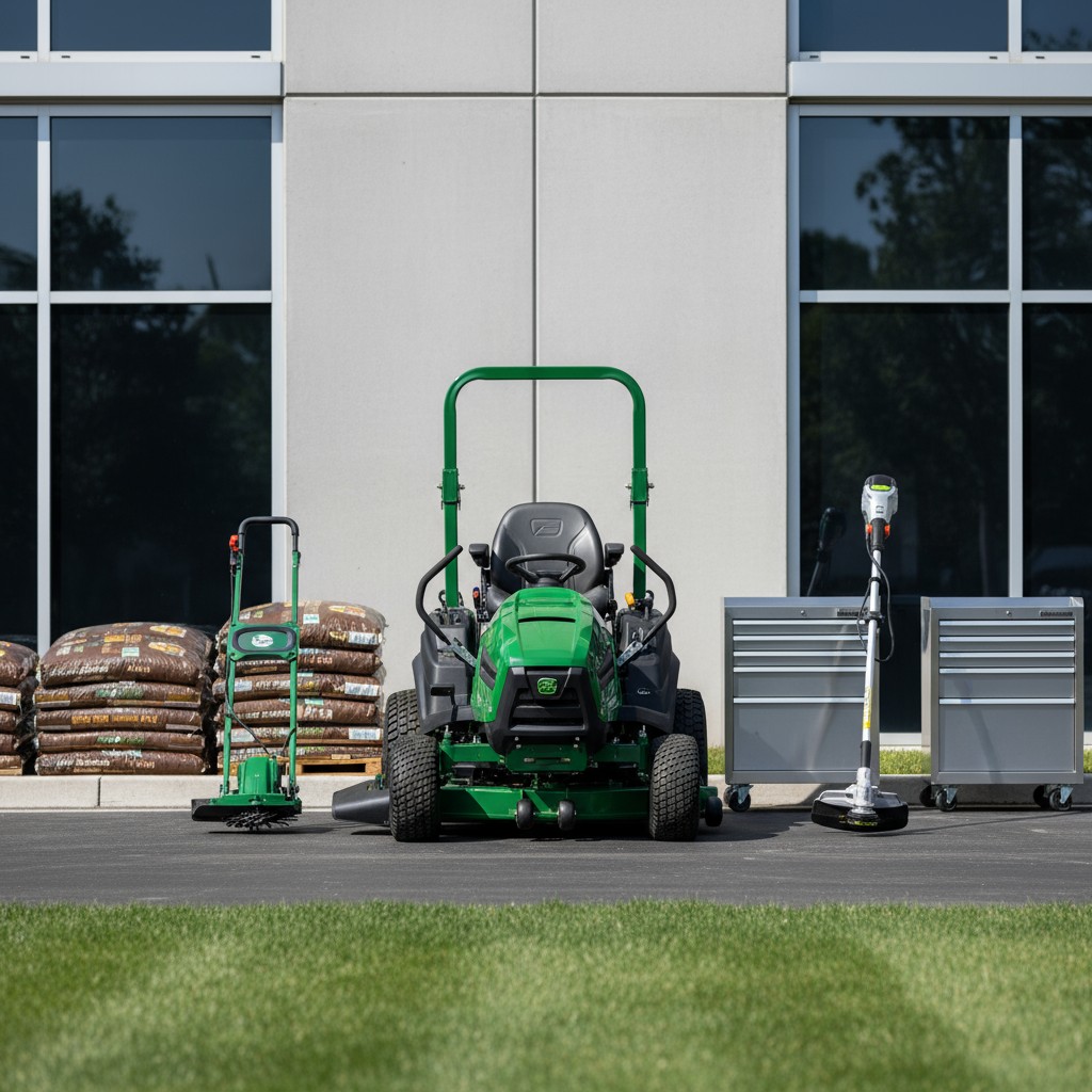 Large green wide-bodied tractor along with grass edger and silver tool box outside of a building in a commercial area with...