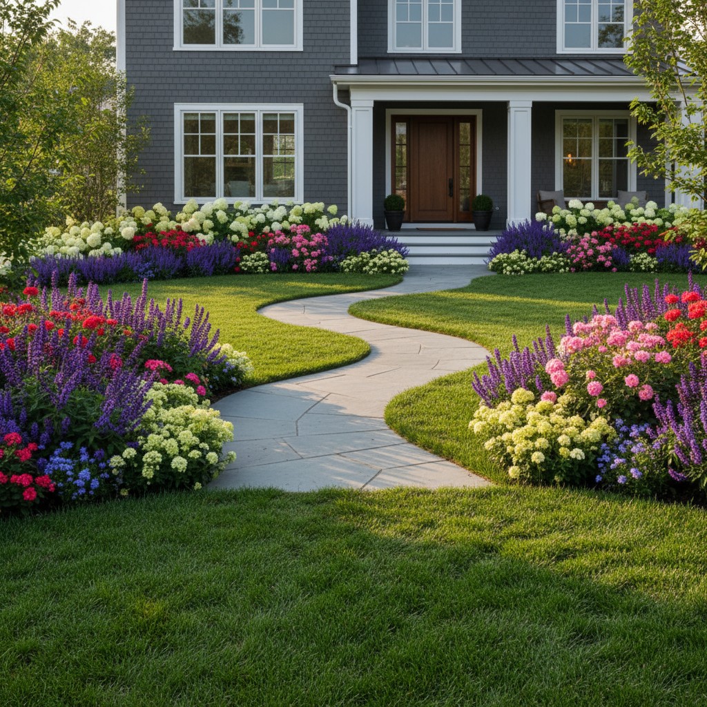A photo of a grassy lawn and stone pathway leading towards a house's brown front door and a house decorated with flowers. ...